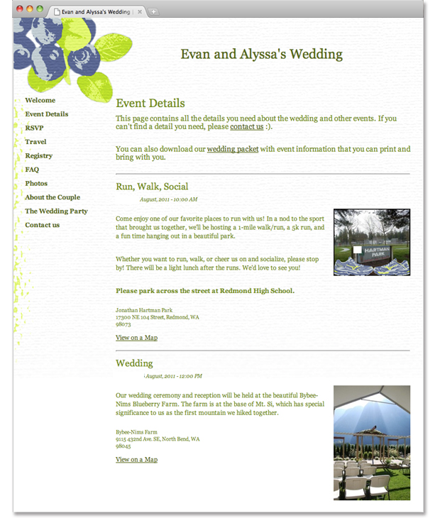 Wedding Website Events Page