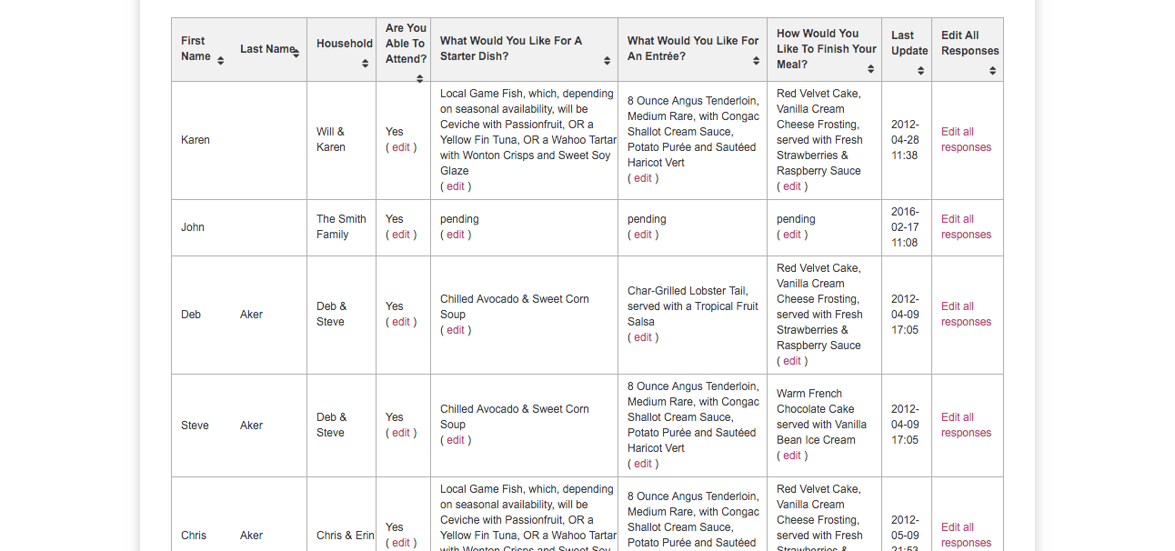 glosite online wedding RSVPs detailed responses