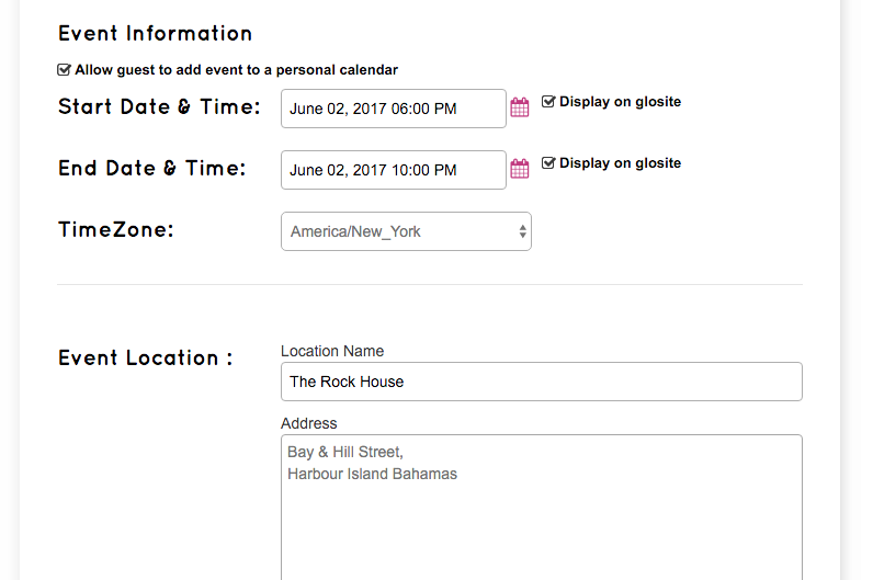 glosite wedding website calendar information